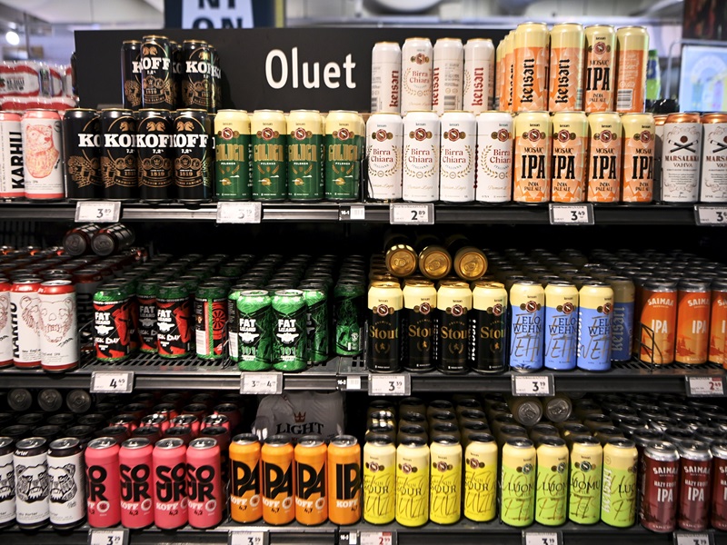 Beers on display in K-Citymarket in Ruoholahti, Helsinki, on 16 July 2024.