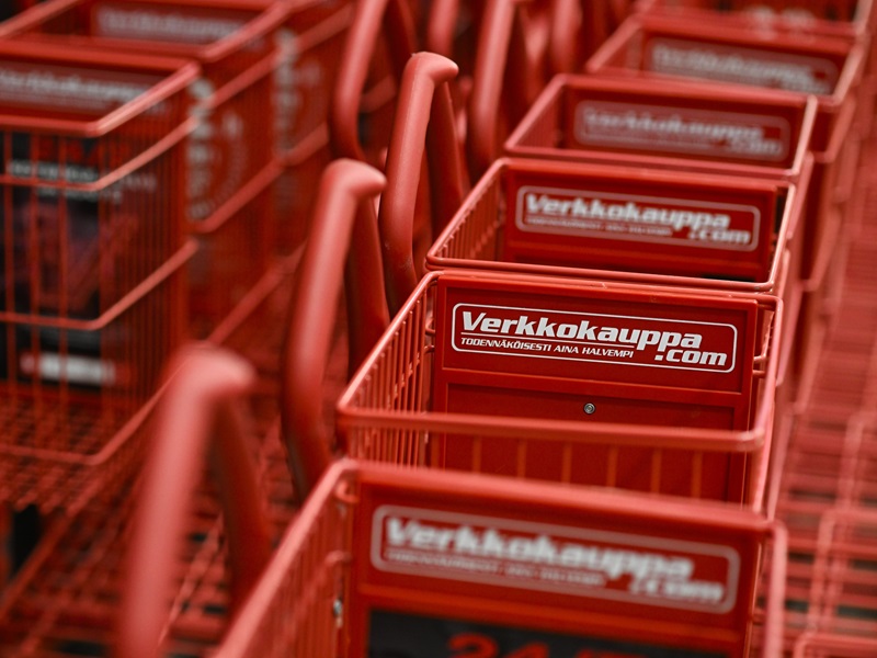 Shopping trolleys in a Verkkokauppa.com store in Helsinki on 18 July 2024.